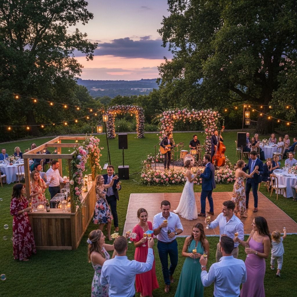 Guests enjoy an outdoor evening wedding reception with drinks, dancing on a wooden floor, and a live band under string lights and a sunset sky.
