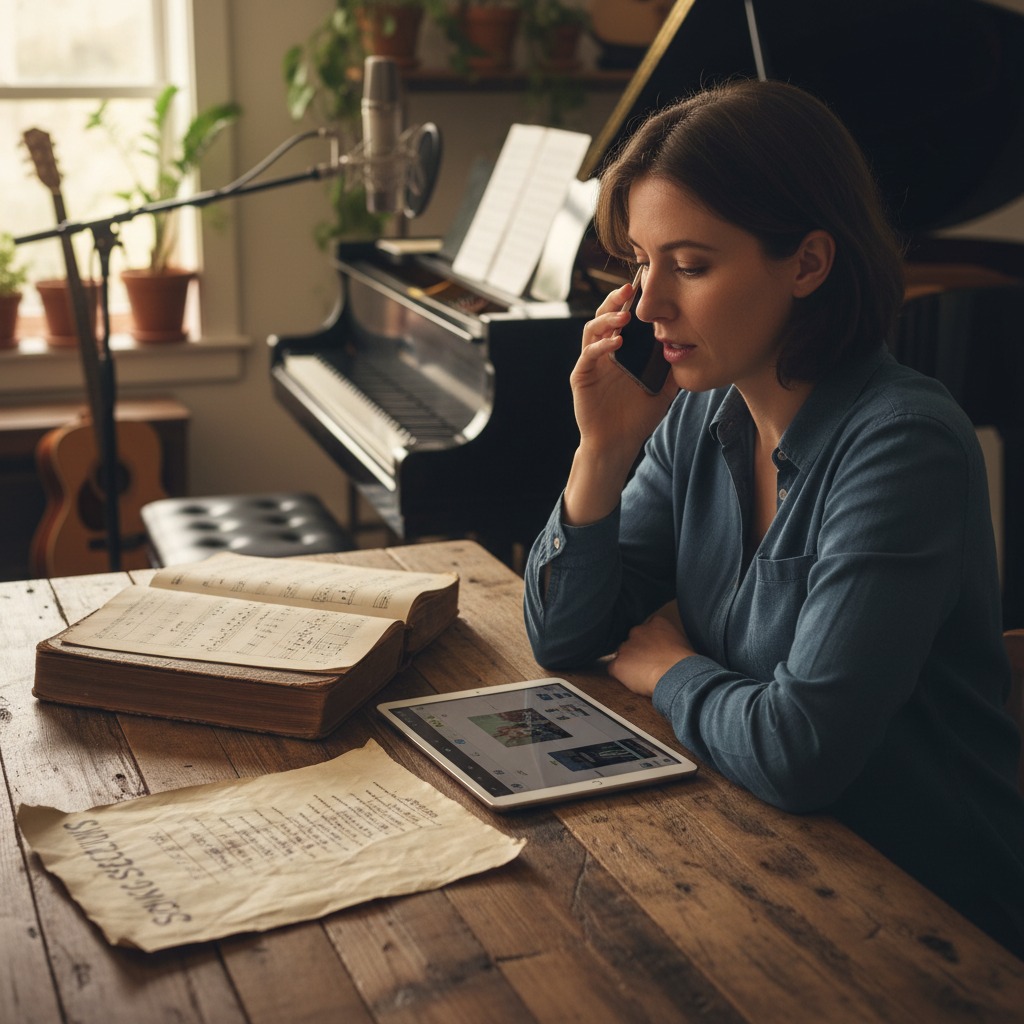 A woman in a blue shirt sits at a wooden table in a room with a piano, talking on her mobile phone while looking at a tablet.