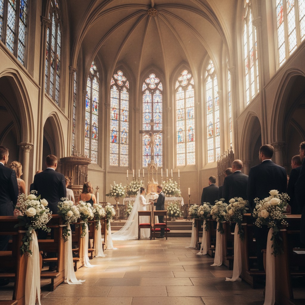 A bride and groom stand holding hands at the altar of a grand cathedral filled with sunlight streaming through stained glass windows.